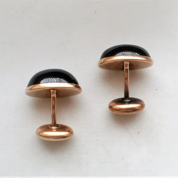 Antique Art Deco Solid 14K Rose Pink Gold Red Garnet Cabochon Cufflinks
